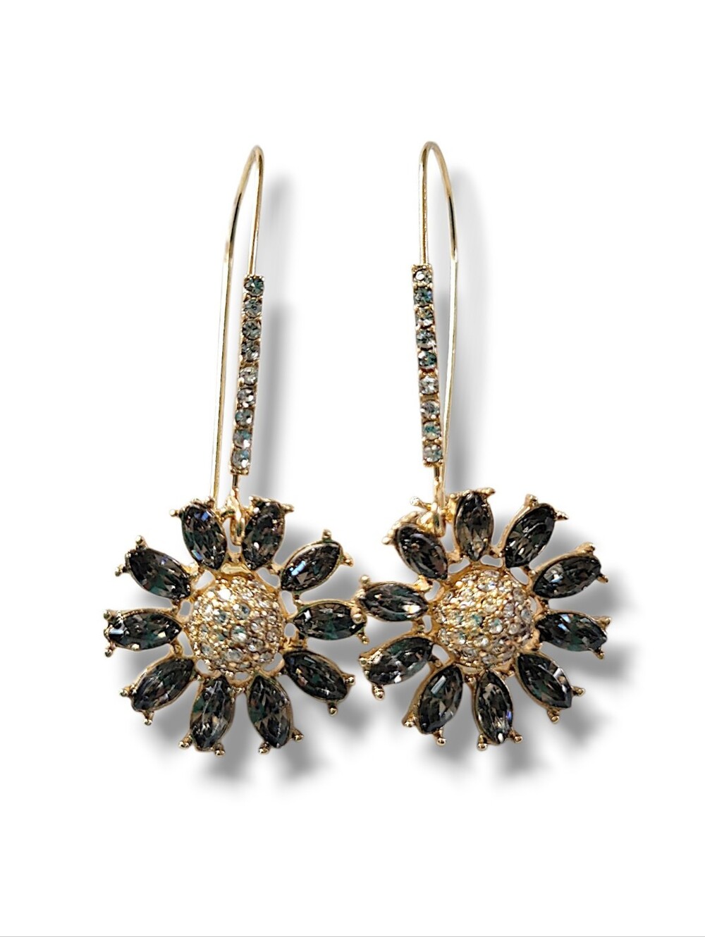NWOT Gold Tone Smoky Crystal Flower Rhinestone Statement Drop Earrings